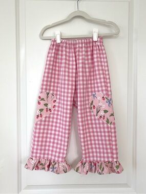 Handmade Pink Gingham Kids Pants with Floral Ruffle 100% cotton